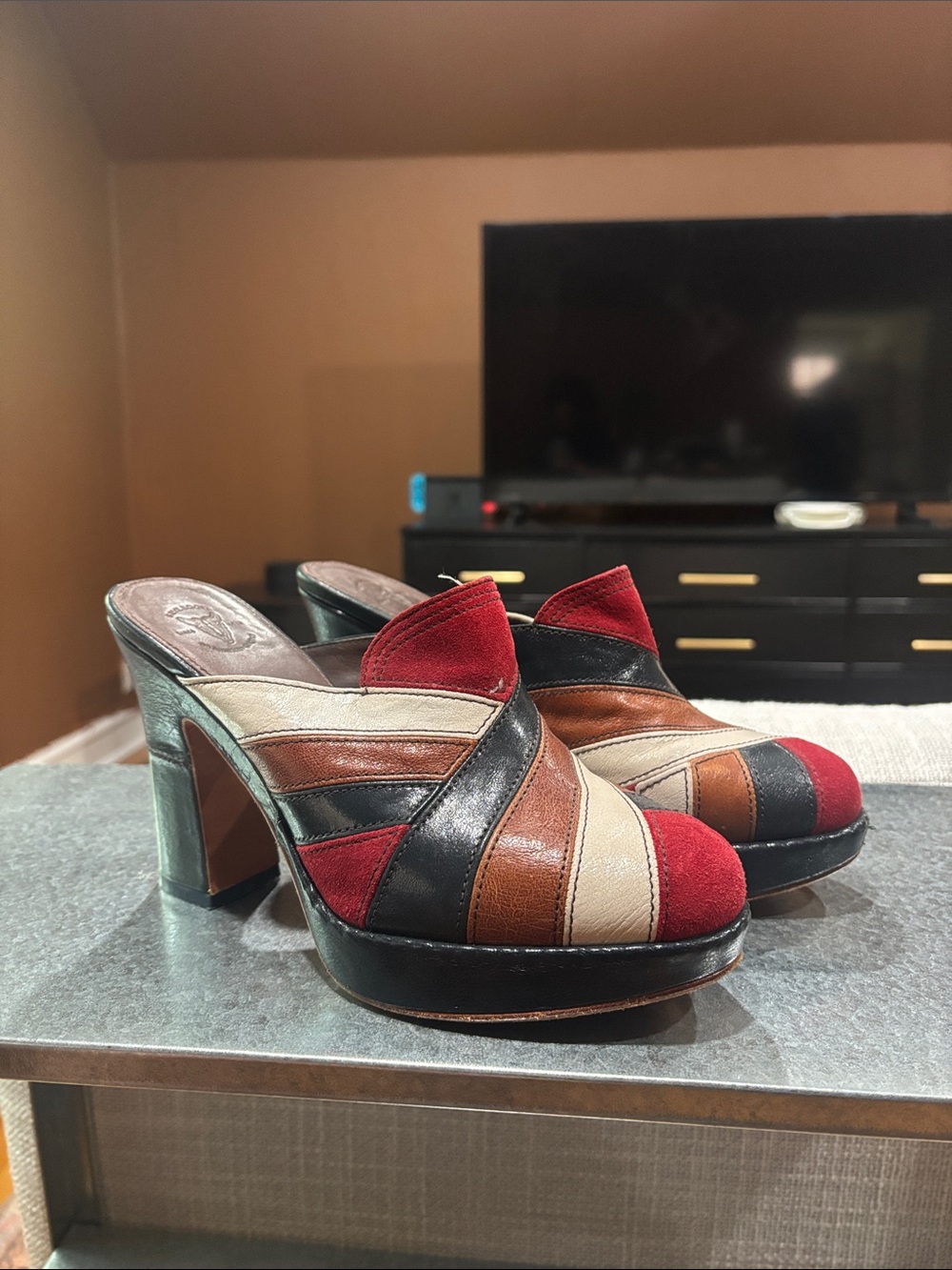 Frye Multi-Panel Leather & Suede Platform Mules in Red, Brown, Black, Cream